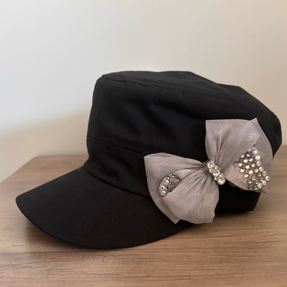 Black Cadet Adjustable Cap with Gray Accent Bow